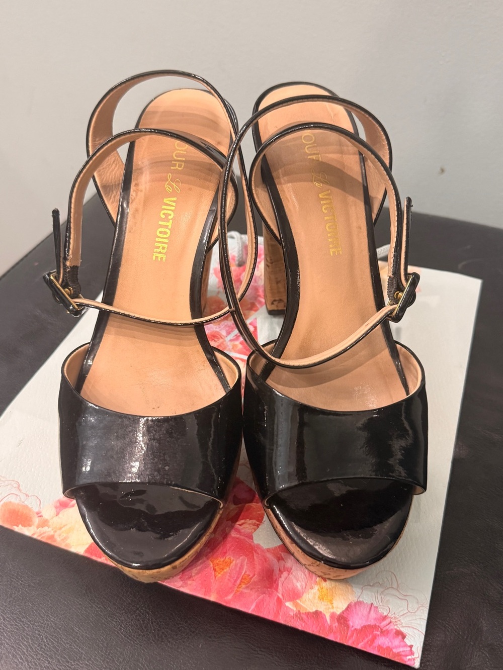 Pour La Victoire Black Patent Platform Slingbacks